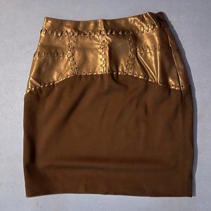 Bebe Lace Stitch Mixed Fabric Skirt Size 4 NWT Black Faux Leather Patchwork